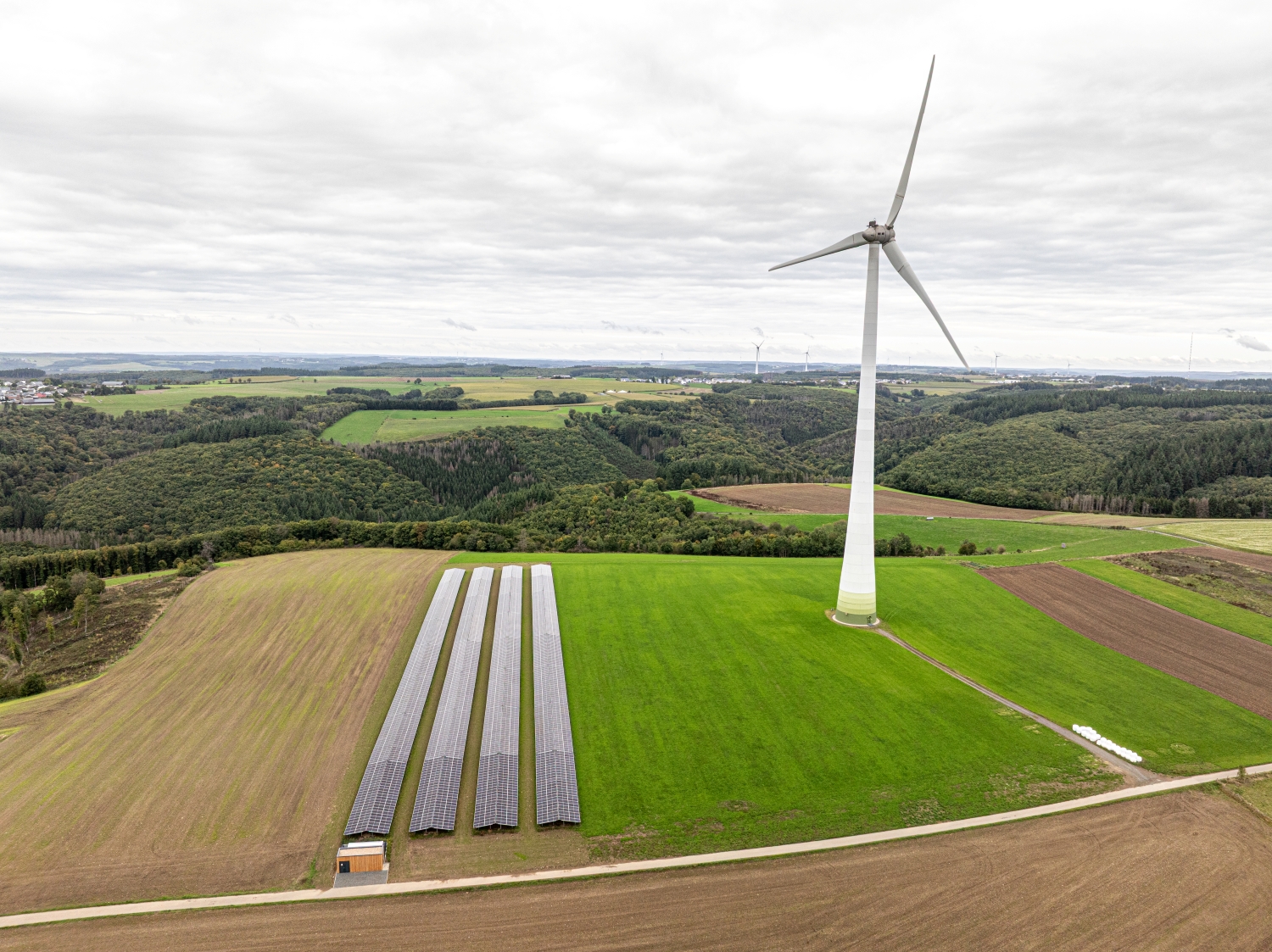 Parc éolien et solaire dans un paysage rural verdoyant.