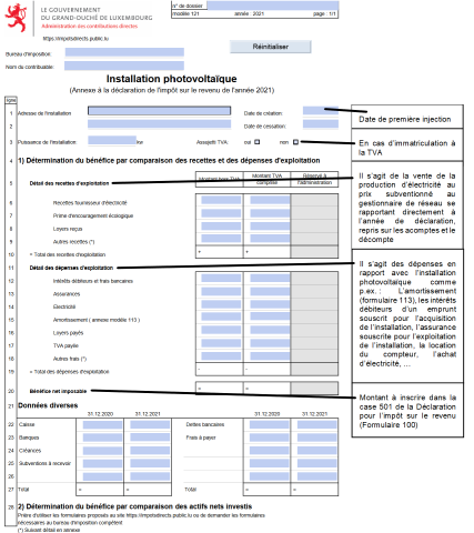 Capture d'écran du formulaire 121 avec annotations
